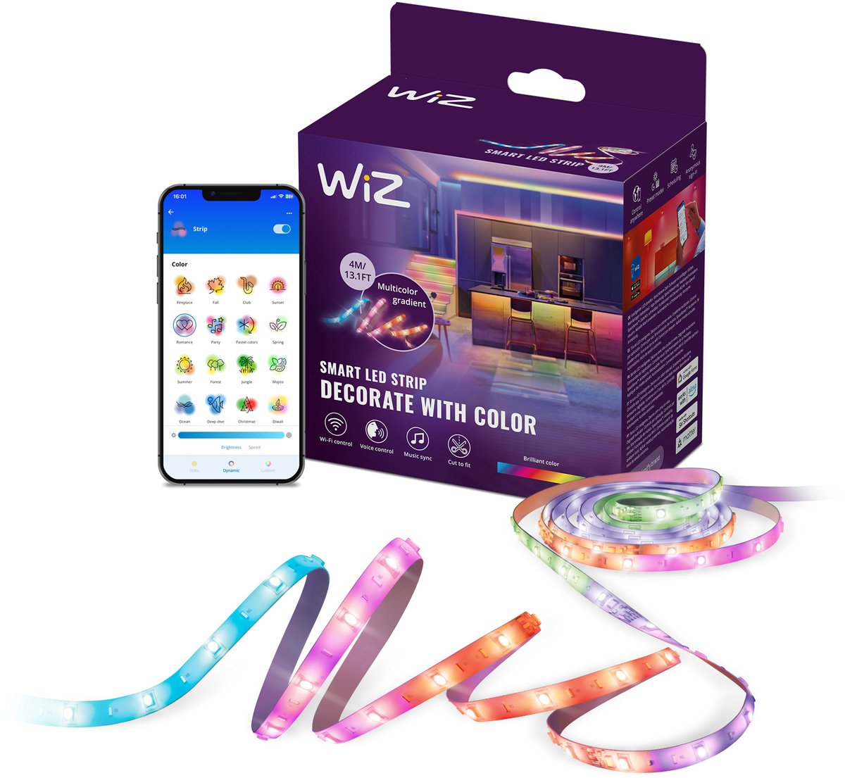 Wiz rgbic led strip - 4 meter - makkelijke installatie - 16 miljoen kleuren - muzieksynchronisatie - rgbic; meerdere kleur tegelijk