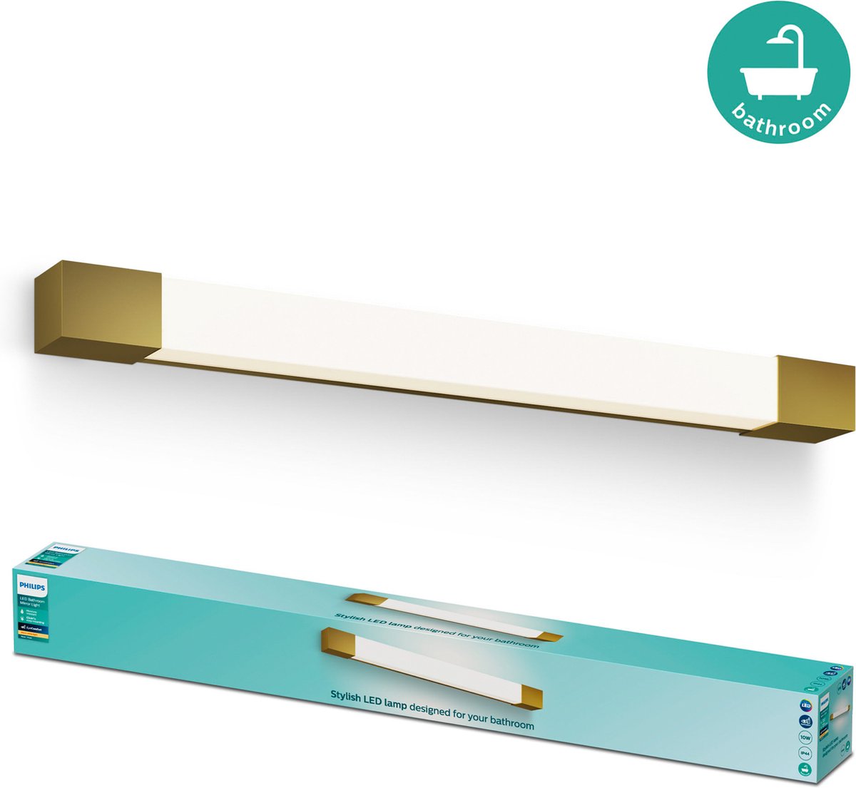 Philips led philips rover spiegelverlichting - spatwaterdicht ip44 - 10w - warmwit licht - badkamerlamp - rechthoekig - messingkleurig