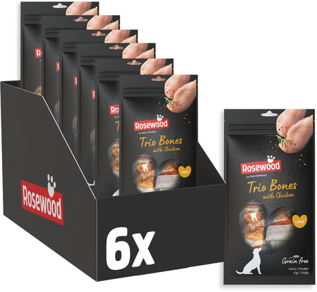 Rosewood Trio Bones Hundesnack Huhn – Kauknochen Rohleder für große Hunde – getreidefrei – 6 x 90 g