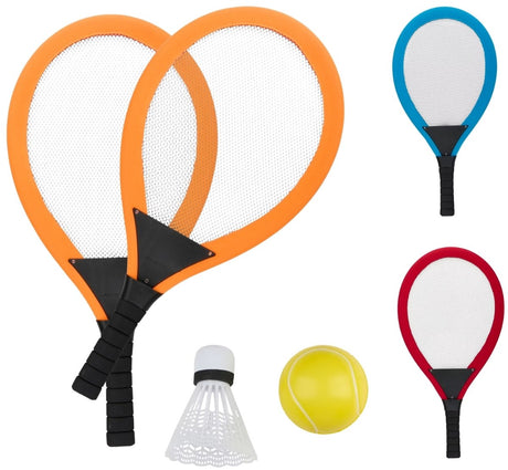 Eddy Toys Tennis-Set Giant 4-teilig – Outdoor-Spielset mit 2 Schlägern, Ball und Shuttle – Kunststoff – für alle Altersgruppen geeignet – 55,5 x 27 x 7 cm – Schwarz, Rot, Orange
