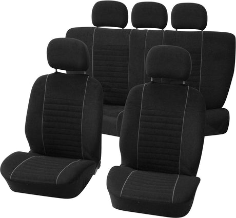 Carpoint stoelhoezenset velours 9-delig – zwart grijs – deelbare achterbank met ritsen – wasbaar 30°c