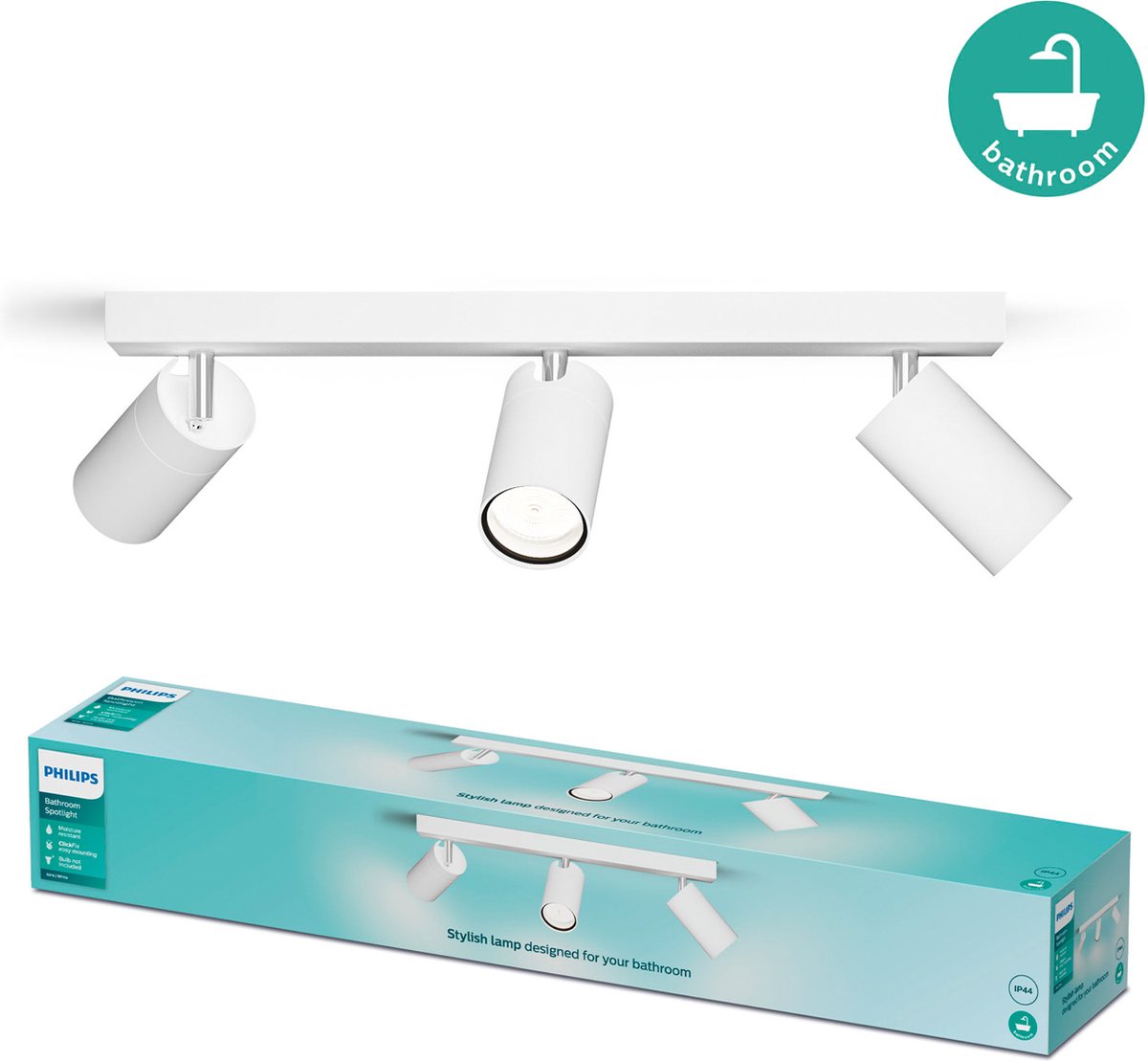 Philips led philips idris spot - plafondspot - spatwaterdicht ip44 - 5w - wit - badkamerlamp - drie lichtpunten - alleen geschikt voor led spots