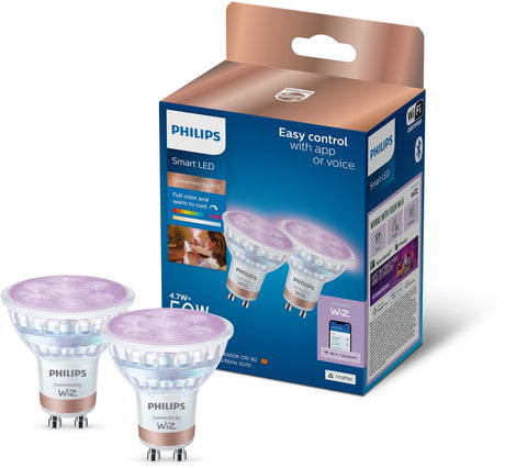 Philips smart lighting - led-spot - gu10 fitting - rgb - gekleurd en instelbaar wit licht - dimbaar - 2 pack - 50w - helder glas - wifi