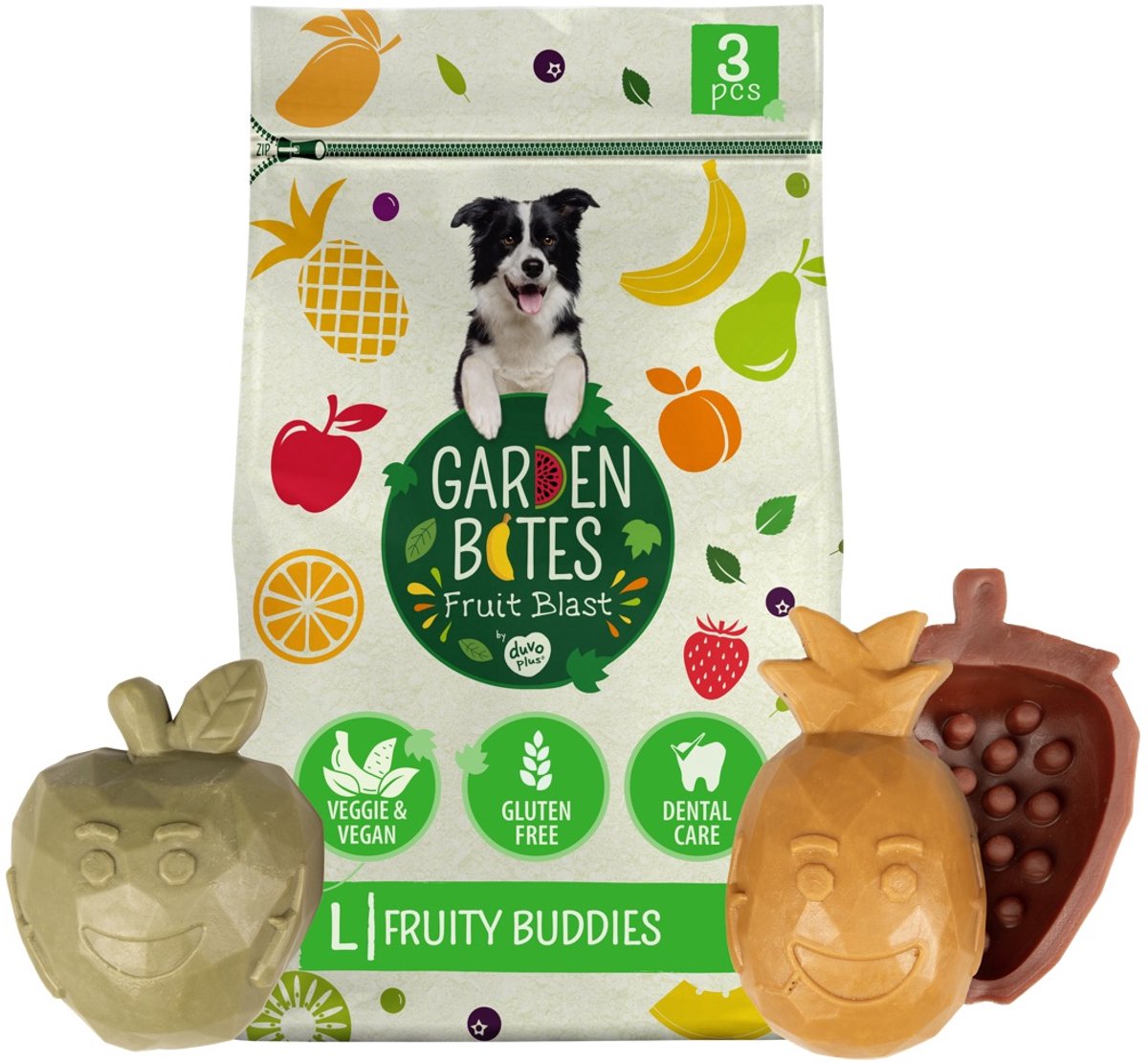 Garden Bites duvoplus – Fruity Buddies Hundesnacks – Hundeleckerlis – vegetarisch, glutenfrei – groß, 3 Stück