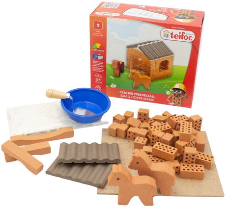 Teifoc® Baukasten – Pferdestall-Bauset – 50 Teile – echte Mini-Steine mit Zement, Schüssel und Kelle – Bausatz für Kinder ab 6 Jahren