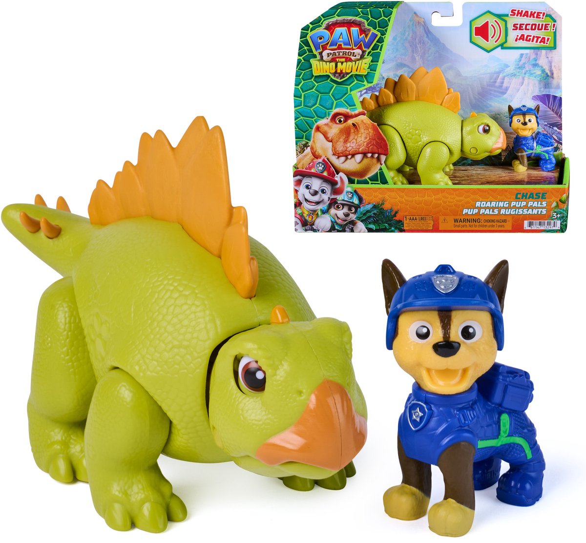 Paw patrol - de dino film - chase roaring pup pals, bevat beweegbare speelgoeddinosaurus stegosaurus van 10,1 cm met geactiveerde geluiden en chase-actiefiguur
