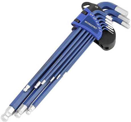 Workpro 9-delige lange inbussleutelset met kogelkop– hex sleutelset – metrisch (1.5 t m 10 mm)– gemaakt van gehard en getemperd chroom-vanadiumstaal – voor professioneel gebruik