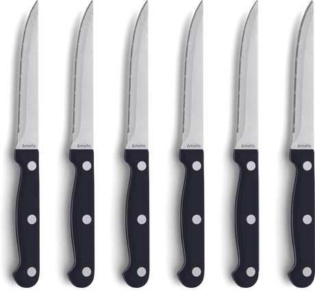 Amefa 6-teiliges Steak-Pizzamesser-Set Serie 7025 – Rasiermesserscharf – Mikroverzahnung – 13 0 Messerstahl – schwarzer Griff – Geschenkverpackung