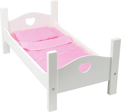 Kleines Fuß Holzpuppenbett weiß mit Bettwäsche, 4dlg.