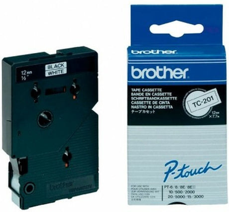 Brother laminiertes Klebeband für Etikettiermaschinen TC-201 12 mm x 7,7 m weiß schwarz