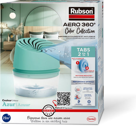 Rubson Feuchtigkeitsabsorber aero360 Farbkollektion Türkis 450g Box | Feuchtigkeitsaufnehmendes Luftentfeuchtergerät | Luftentfeuchter | Feuchtigkeitsabsorber im Innenbereich.