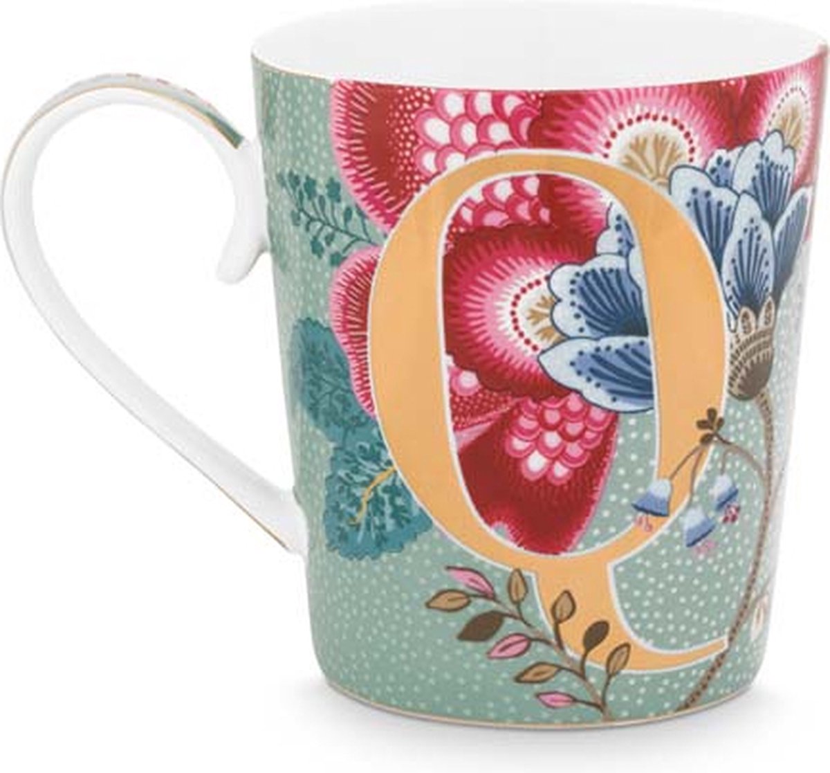 Pip studio alfabet mok - q - floral fantasy light blue - mok - 350ml - porselein - lettermok q - lichtblauw