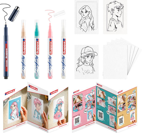 Edding Manga-Kreativset – Manga für Anfänger auf vielen verschiedenen Untergründen zeichnen – 1x 1800 Profipen Black – 4x 5300 Acrylmarker – 6x Blankokarten – 3x Vorlagen – 1x Schritt-für-Schritt-Erklärung – All-in-One-Set