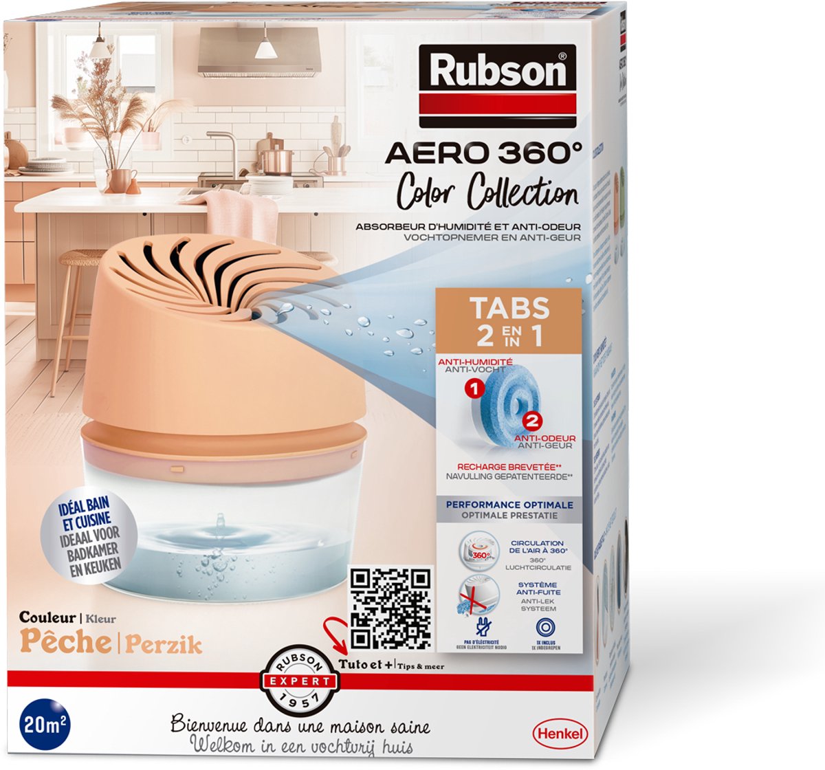 Rubson Feuchtigkeitsabsorber Aero360 Farbkollektion Pfirsich 450g Box | Feuchtigkeitsaufnehmendes Luftentfeuchtergerät | Luftentfeuchter | Feuchtigkeitsabsorber im Innenbereich.