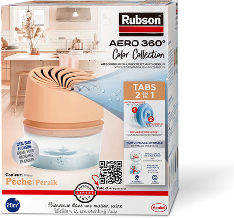 Rubson Feuchtigkeitsabsorber Aero360 Farbkollektion Pfirsich 450g Box | Feuchtigkeitsaufnehmendes Luftentfeuchtergerät | Luftentfeuchter | Feuchtigkeitsabsorber im Innenbereich.