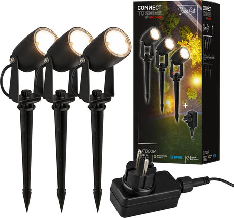 Briloner Connect to Shine – Spike Spot – 3er-Set – Gartenstrahler Starter-Set – Gartenbeleuchtung – IP65 – warmweißes Licht – ø4x2,5 cm – 1,5 m Kabel