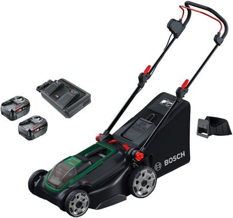 Bosch Green Bosch Rotak 18v2-43 – Rasenmäher – inklusive 2 x 18 V 4,0 Ah Akku und bereits 2 x 18 V-88 Ladegerät und Mulchstecker