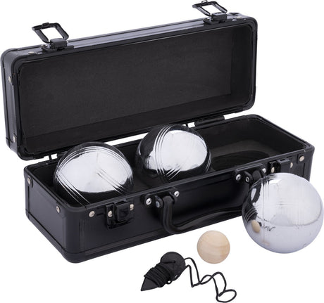 Engelhart Metall-Jeu de Boules-Set – 3 Kugeln im schwarzen Aluminiumkoffer – Pétanque-Set – Metallkugeln 74 mm 720 g – inklusive Wagenheber – Luxus-Tragekoffer –