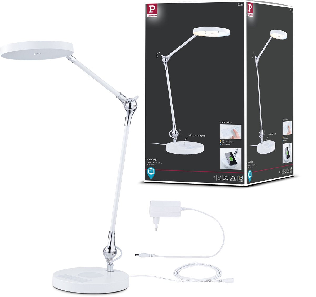 Paulmann LED Schreibtischleuchte Numis Qi Weiß Schalter 1000lm 11W Weiß
