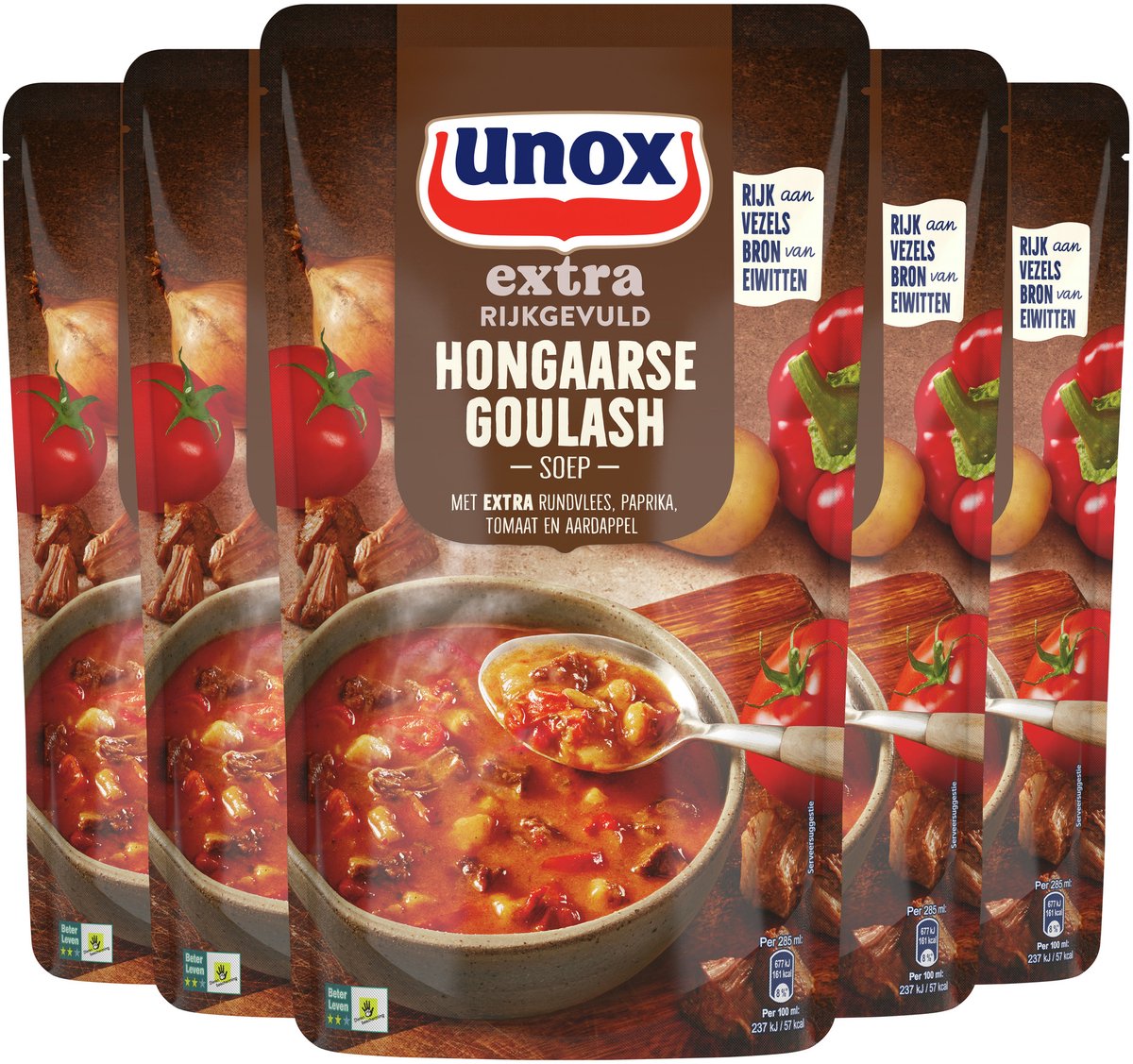 Unox extra rijkgevuld soep in zak - hongaarse goulash - een gevulde soep met extra rundvlees, paprika, tomaat en aardappel - 5 x 570 ml