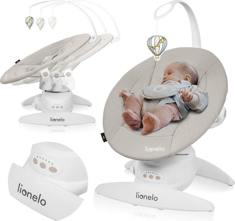 Lionelo Iris Premium Babyschaukel – 360° drehbarer Sitz – 3 Rückenpositionen – 3 Schaukelbewegungen – 5 Geschwindigkeitsstufen – 12 Melodien – Spielbogen – waschbare Polsterung – bis 9 kg – Babyschaukelstuhlwippe