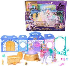 Einhorn-Akademie – stabiles Spielset – mit Springbrunnen, Wildstern, Licht und Sound – 24 Zubehörteile – Puppen und Einhorn-Spielzeug