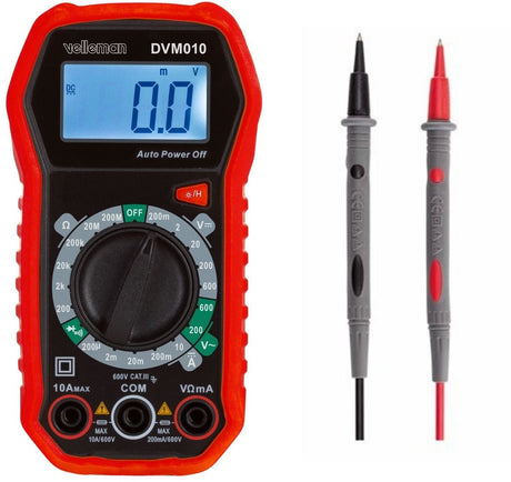 Velleman digitale multimeter, geschikt voor het meten van ac dc-stroom, ac dc-spanning, weerstand, transistor, diodes en continuïteit, inclusief meetsnoeren
