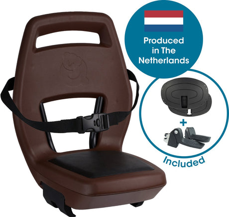 Qibbel Junior 6+ Fahrradsitz hinter Gepäckträgermontage – braun – inklusive Fußschutzplatten und Fußstützen