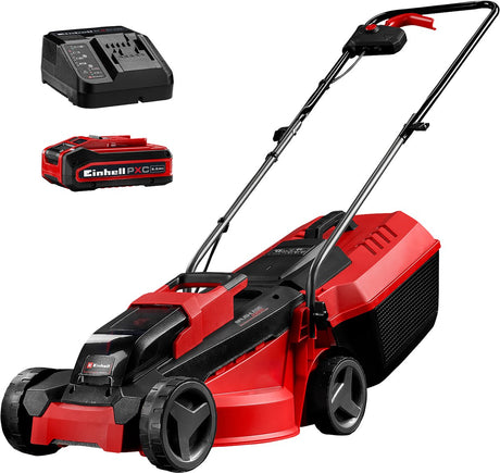 Einhell Akku-Rasenmäher GE-CM 18 30 Li Kit – Power X-Change – 18 V Li-Ion – Schnittbreite: 30 cm – empfohlene Rasenfläche: bis zu 150 m² – 25 l Fangsack – Schnitthöhe: 30–70 mm – inkl. 3,0 Ah Akku und Ladegerät