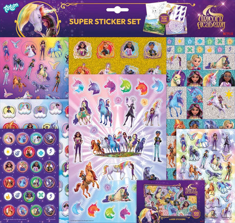 Totum unicorn academy super sticker set xl - 8 vellen incl. luxe metallic en laser stickers 38 x 36 cm | speelgoed meisjes vanaf 3 jaar