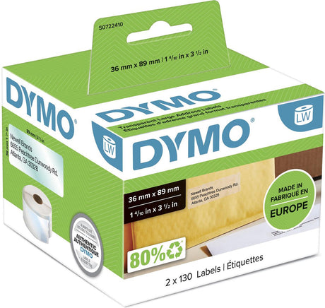 Dymo Original große Labelwriter-Adressetiketten | 36mm x 89mm | 2 Rollen mit je 130 Etiketten (260 selbstklebende Etiketten) | passend für die Labelwriter-Etikettendrucker | Hergestellt in Europa
