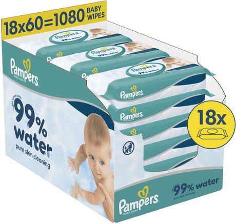 Pampers 99 % Wasser – Baby-Feuchttücher – weiche Lotion mit 99 % Wasser – 18 Packungen mit 60 Tüchern = 1080 Baby-Feuchttücher