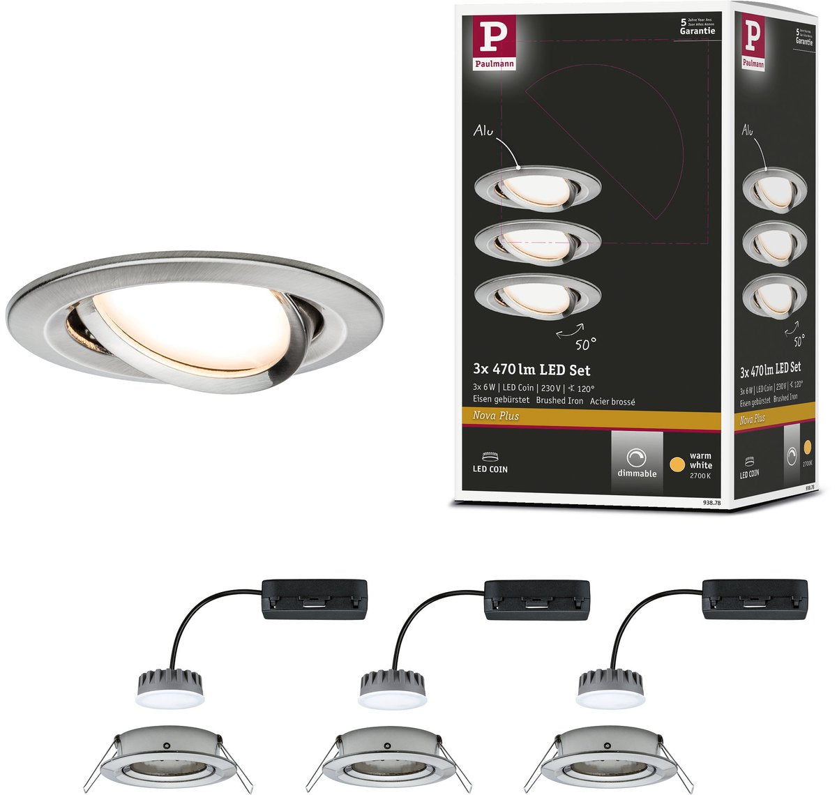 Paulmann LED Einbauleuchte Nova Plus Coin Sockel Set schwenkbar rund 84 mm 50° Coin 3x6W 3x470lm 230V dimmbar 2700K Stahl gebürstet