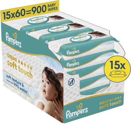 Pampers Aqua Soft Touch – Baby-Feuchttücher – Lotion mit weicher Textur und 99 % Wasser – 15 Packungen mit 60 Tüchern = 900 Baby-Feuchttücher