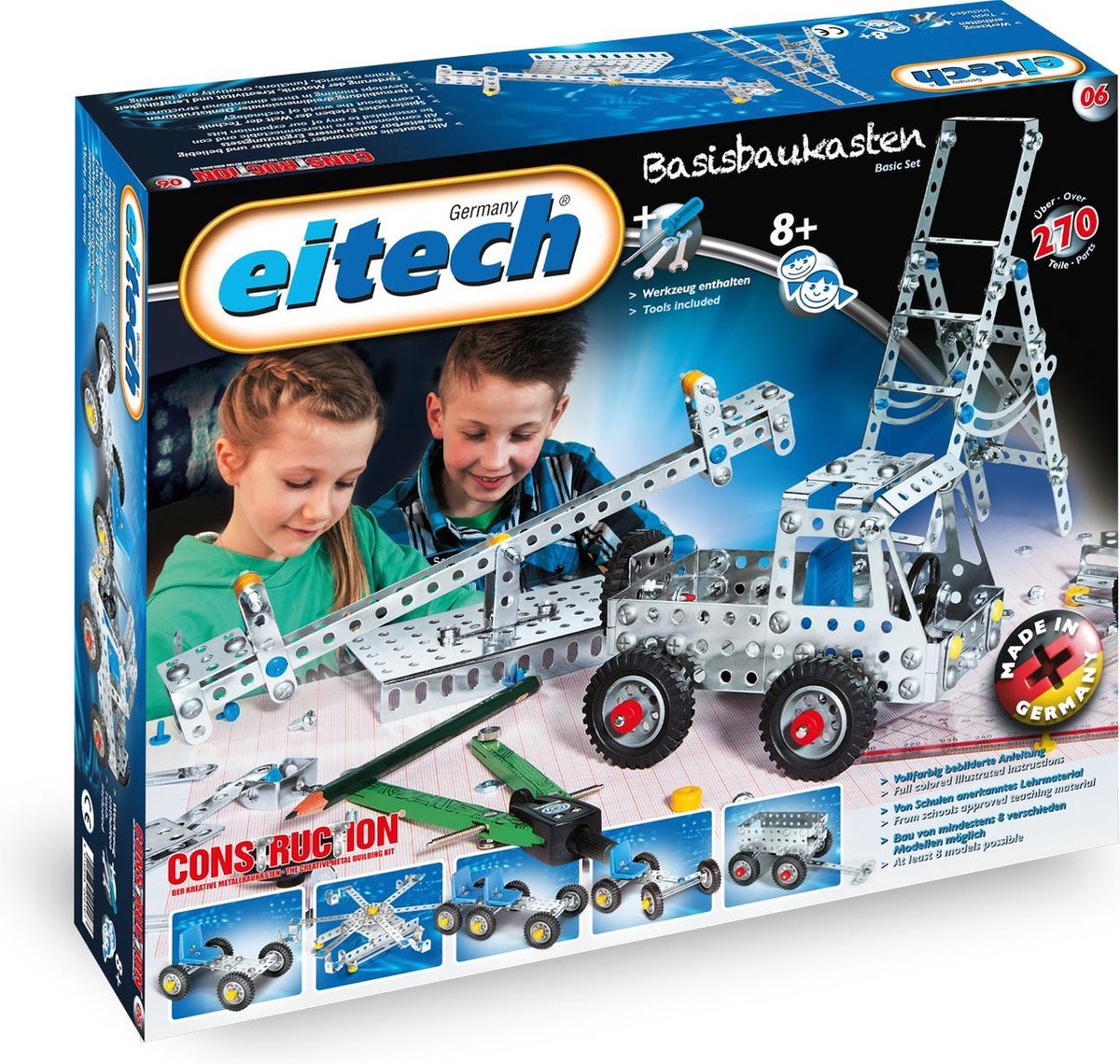 Eitech ® Baukasten – 8 verschiedene Modelle – 270 Teile – Metallbaukasten mit Werkzeug – Konstruktionsspielzeug – ab 8 Jahren