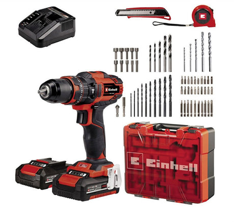 Einhell Akku-Schlagbohrschrauber TE-CD 18 40 Li-i +64 Kit – Power X-Change – 18 V Li-Ion – 40 Nm – 2 Geschwindigkeiten – max. 24.000 Hübe min. - inkl. 2x 2,0 Ah Akku, Ladegerätzubehör