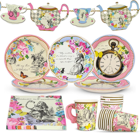Talking tables – 50-delige alice in wonderland feestdecoratie- en serviesset voor 16 gasten, inclusief borden, servetten, theekopjes en theepot-slinger voor een mad hatter-theekransje, verjaardag, babyshower of moederdag.