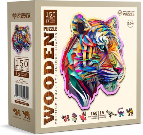 Hölzerne Stadt mit Stadtpuzzle – bunter Tiger.