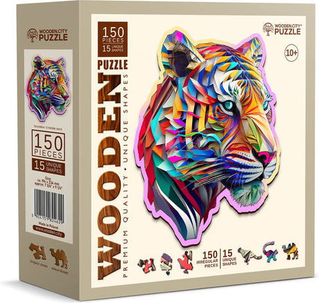 Hölzerne Stadt mit Stadtpuzzle – bunter Tiger.