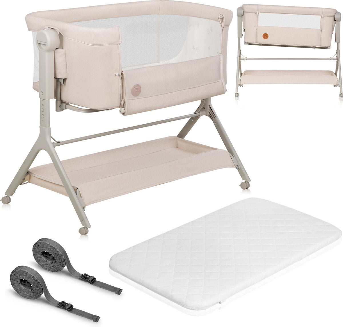 Lionelo Leonie Plus – Beistellbett 3 in 1 Kinderbett und Babybett – Kinderbett bis 9 kg – Höhenverstellung in 6 Stufen – Schaukelfunktion – T25-Matratze – Aufbewahrungskorb – Rollen – abnehmbare Bezüge