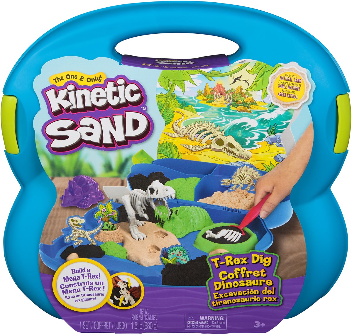 Kinetischer Sand – T-Rex-Entdeckungsset mit 680 g Spielsand, 5 multifunktionalen Fossilienformen und Schaufel – in Aufbewahrungsbox – sensorisches Spielzeug