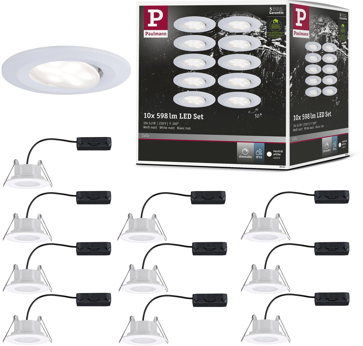 Paulmann LED Einbauleuchte Calla Basisset schwenkbar IP65 rund 90 mm 30° 10x5,2W 10x460lm 230V dimmbar 4000K weiß matt