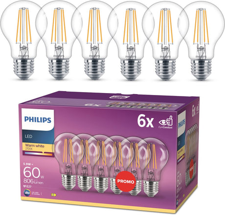 Philips led lamp - standaard lampvorm met e27 fitting - warmwit licht: 2700k - 60w - helder glas - 6-pack