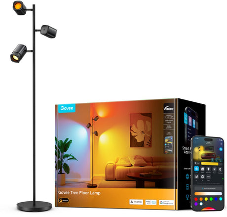 Govee smarte Stehleuchte 160 cm Matter RGBWW – 3 Lichtköpfe – smarte Leselampe – Baum-Stehleuchte