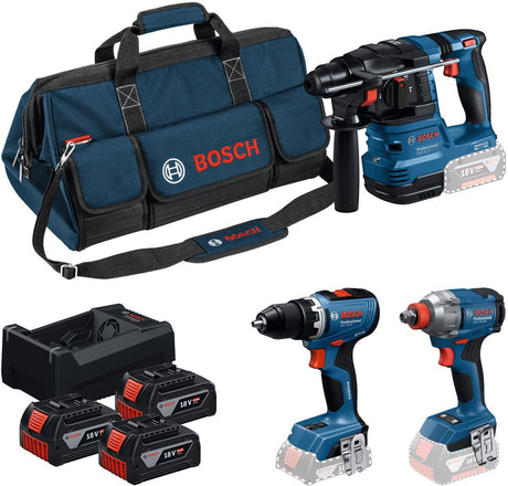 Bosch Blue Bosch Professional 18 V Werkzeugsatz – Werkzeugkombinationsset – GSR 18 V-65 + GDX 18 V-285 + GBH 18 V-22 + 3 x GBA 5,0 Ah 18 V Akku + Gal 12 V-18 V-80