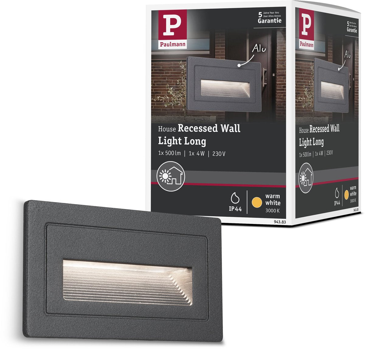 Paulmann Outdoor LED Wandleuchte lang IP44 eckig 103x62 mm 3000k 4w 30lm 230v schwarz Aluminium