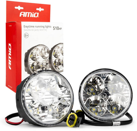 Amio drl 510hp dagrijverlichting rond 70mm - led set voor mistlamp openingen met maskeringsringen 12v en 24v