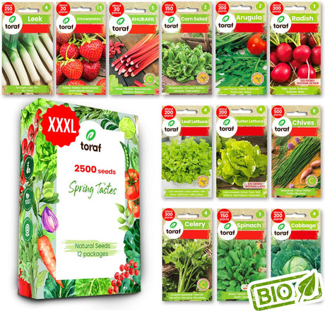 Toraf groentezaden xxl set 12 soorten ±2500 zaden prei, radijs, sla, spinazie, bieslook, kool aardbei voor tuin, kas balkon