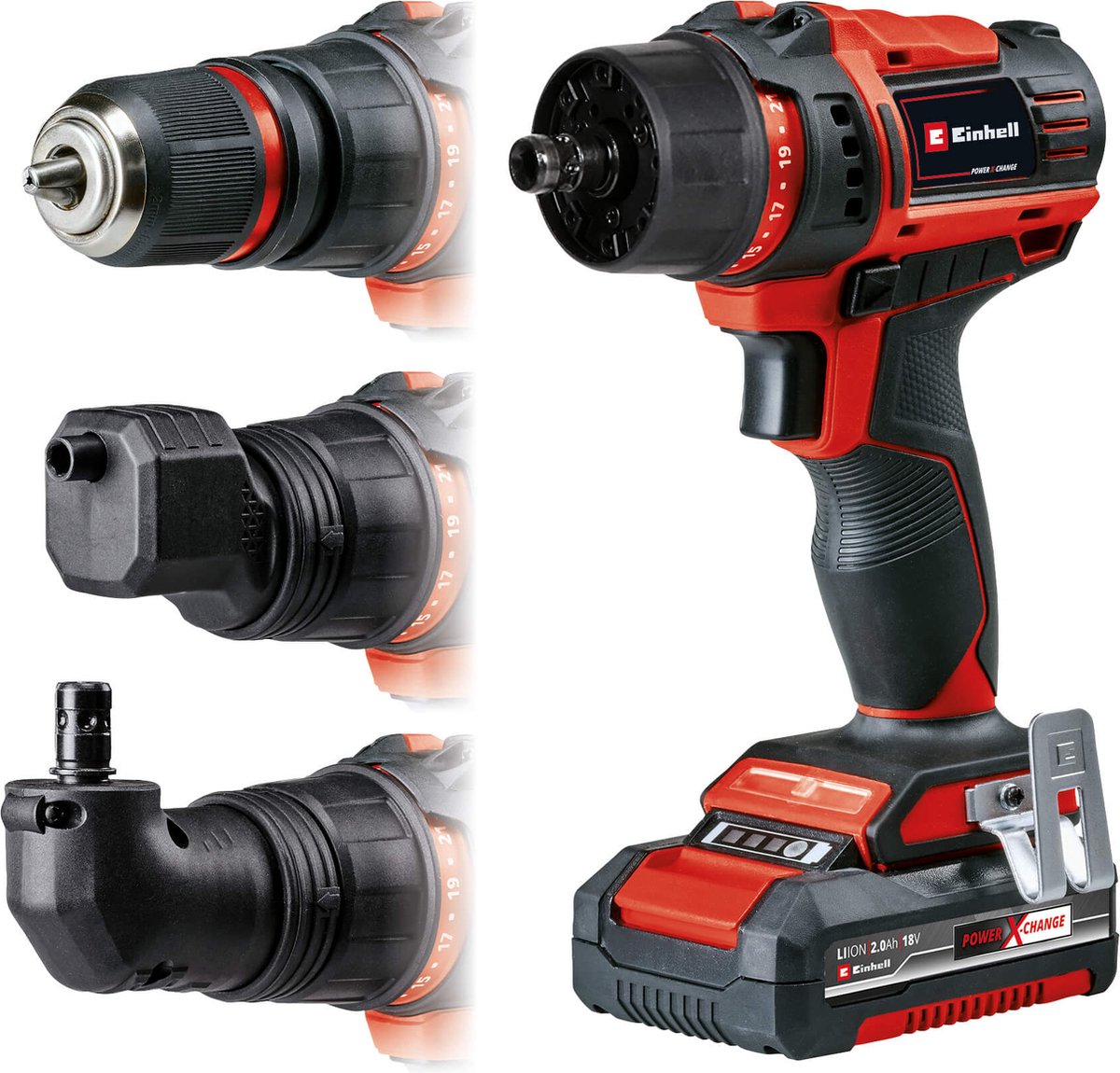 Einhell accu boor- schroefboormachine te-cd 18 45 3x-li kit + 22-delige boor- bitset -power x-change - 18 v li-ion - 45 nm - incl. 1x 2.0 ah accu, lader, e-box koffer en 22-delige boor- bitset