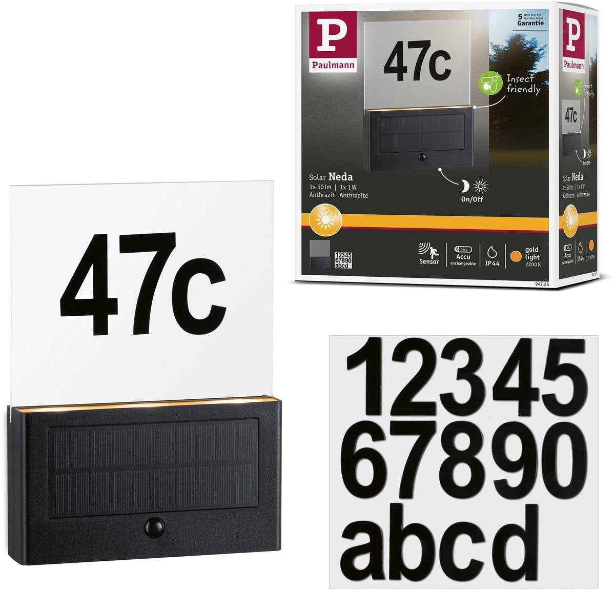 Paulmann Solar LED Hausnummernbeleuchtung Neda Bewegungsmelder insektenfreundlich IP44 2200K 18LM Anthrazit